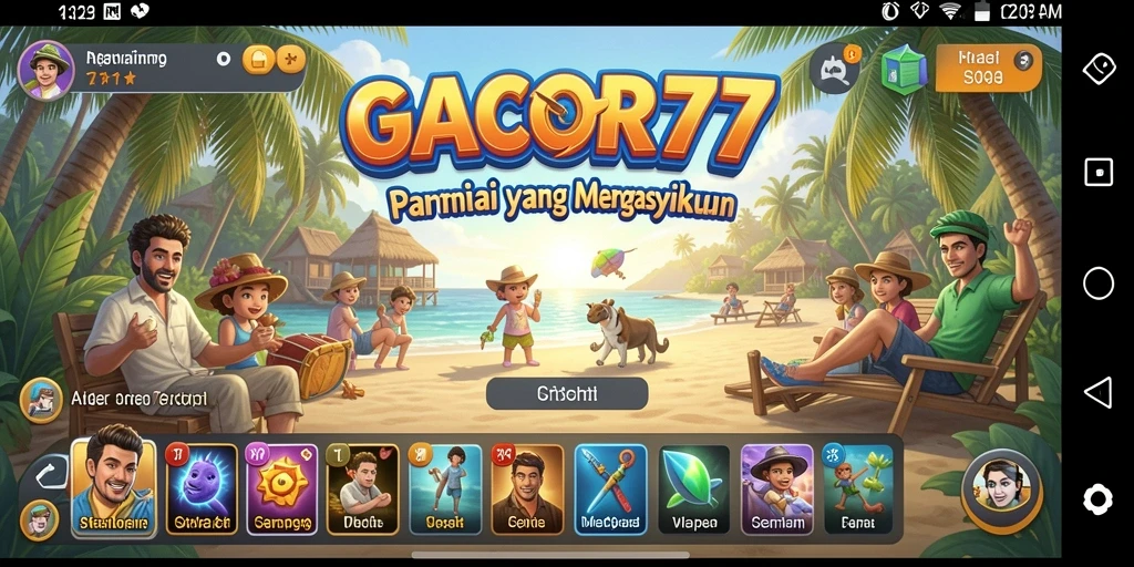 Tampilan gameplay <strong>GACOR77</strong> yang ceria dan penuh warna.