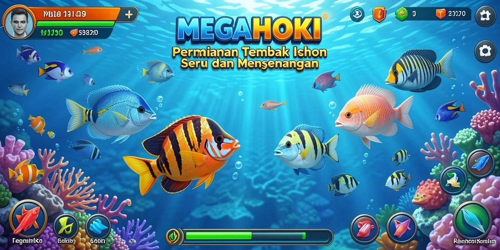 Tampilan gameplay seru dari MEGAHOKI dengan aksi menembak ikan.