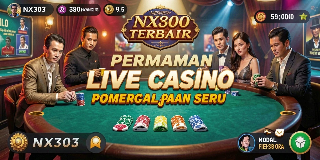Screenshot gameplay NX303 menampilkan dealer profesional dan suasana kasino yang hidup.