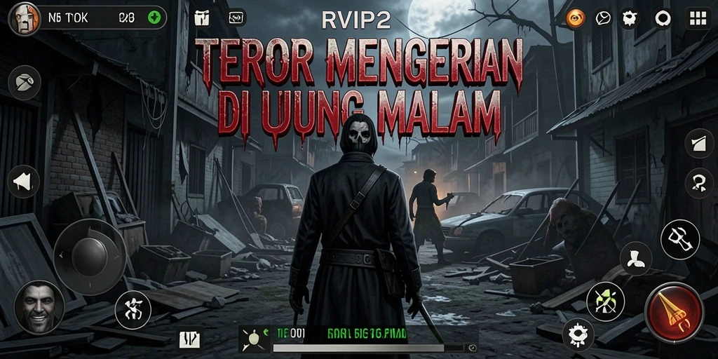 Screenshot seram dari gameplay RVIP2 dengan atmosfer mencekam dan makhluk menakutkan.