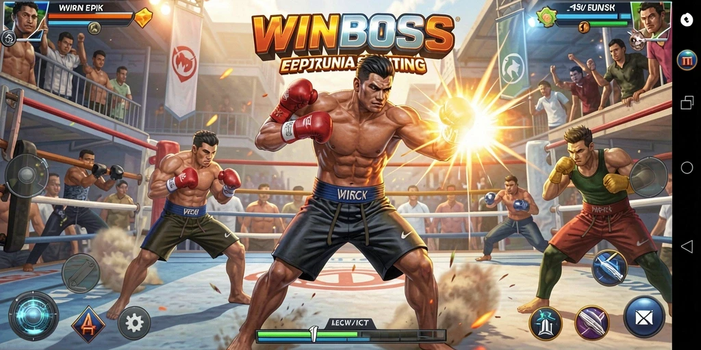 Tampilan gameplay WINBOSS menunjukkan pertarungan yang intens dan mendebarkan.